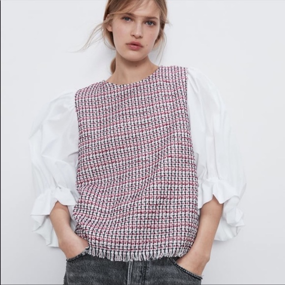 Zara Tops - Zara Red Contrasting Tweed Shirt